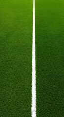 Obraz premium a green grass field with a thick white line running horizontally across the center. wallpaper, Thick horizontal white painted line is running across green grass turf in flat vector illustration