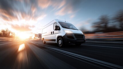 Obraz premium Modern white cargo van speeding on highway at sunset, transportation vehicle.