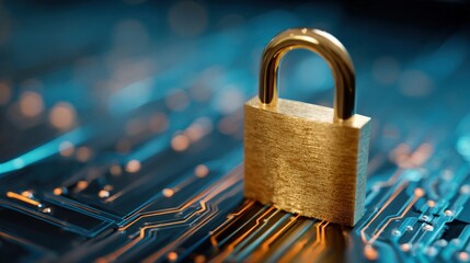 Close-up of a golden padlock resting on a digital circuit board symbolizing cybersecurity protection.