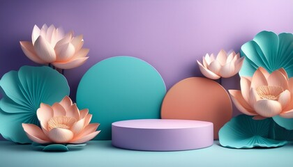 Fototapeta premium Pale turquoise empty podiums on pink background with turquoise, purple and corall lotus flowers. Generated image