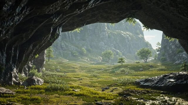 Cave Opening View of Grassy Meadow with Hills in Distance
