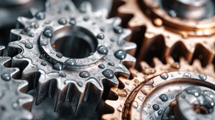 Close-up of industrial metallic gears with water droplets showing mechanical engineering process.