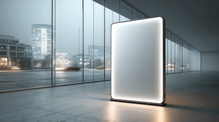 Modern illuminated digital billboard in a contemporary lobby with city view