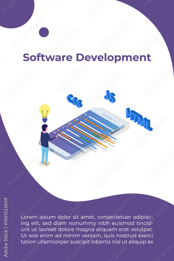 Poster web design and front end development isometric concept. vector illustration.