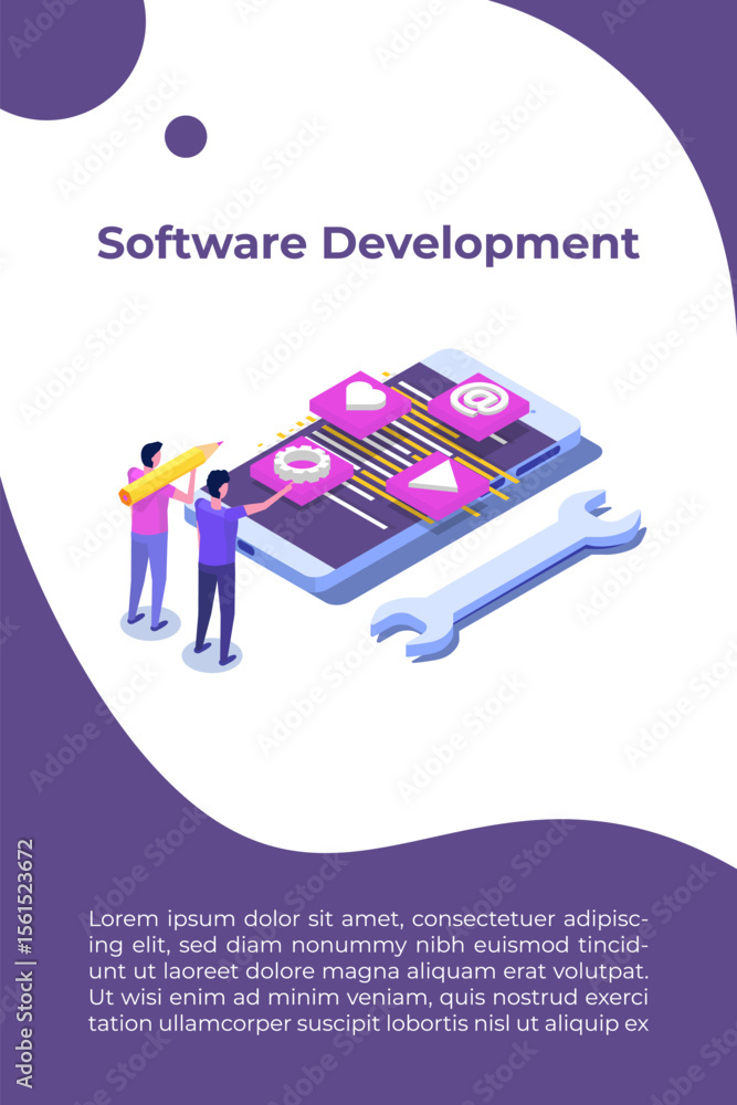 Poster web design and front end development isometric concept. vector illustration.