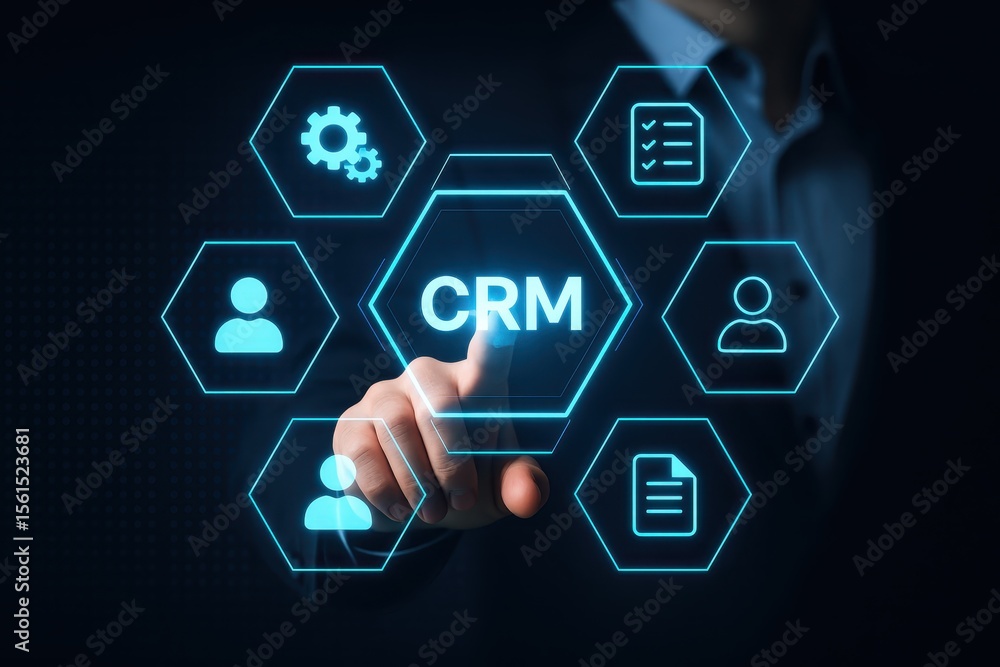 Poster a hand interacting with a glowing digital interface displaying customer relationship management icon
