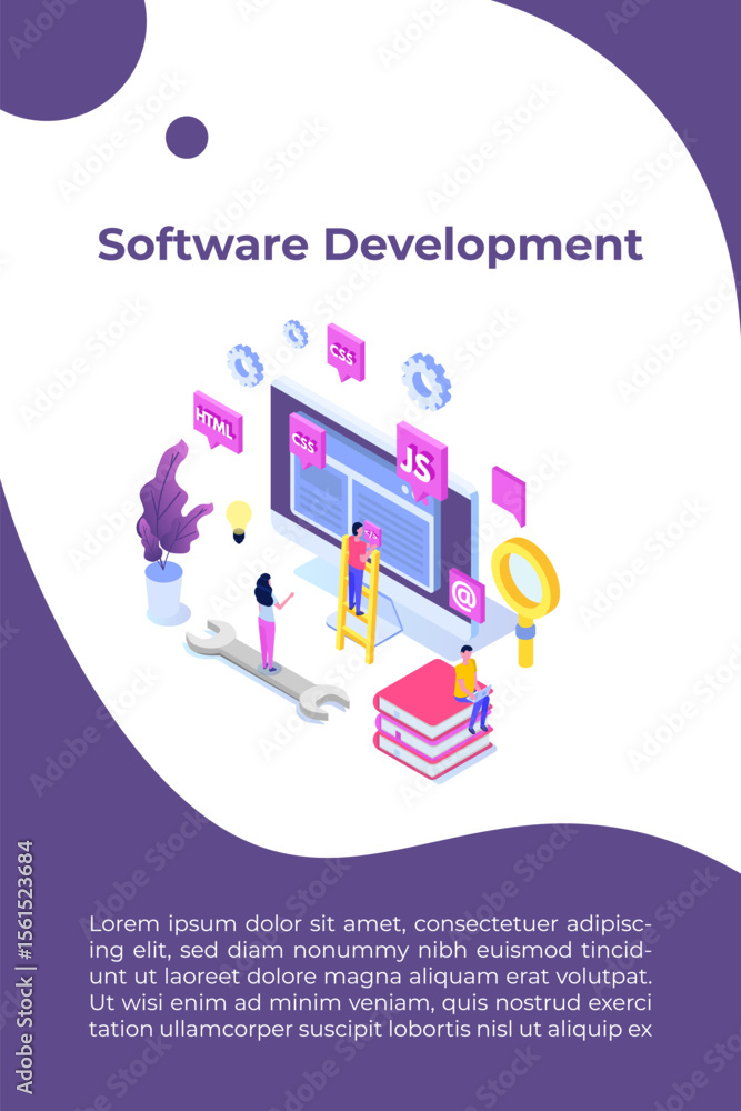 Poster web design and front end development isometric concept. vector illustration.