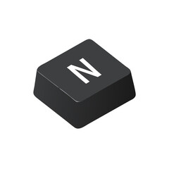 Black Isometric Computer Keyboard Key with White Letter N Vector Icon