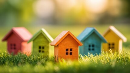 Colorful Small House Models Arranged on Green Grass with Blurred Nature Background.