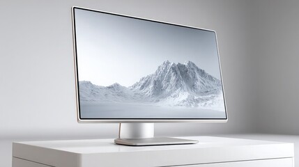 Fototapeta premium Modern computer monitor displays a stunning snow covered mountain landscape