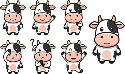vector illustration of cow cattle neat buffalo bull funny cute cartoon mascot character cartoon with 7 poses 03