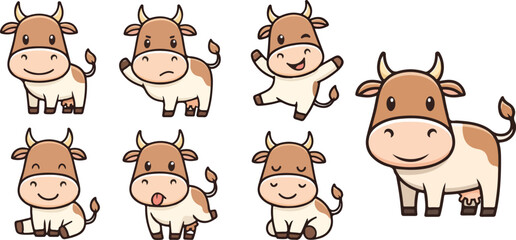 vector illustration of cow cattle neat buffalo bull funny cute cartoon mascot character cartoon with 7 poses 02
