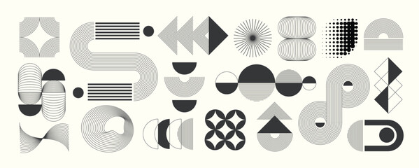 Abstract minimal element mid century vector set. Aesthetic contemporary stripe line art, vintage geometric shape in monochrome. Atomic age Art form design for wall art, decoration, wallpaper.