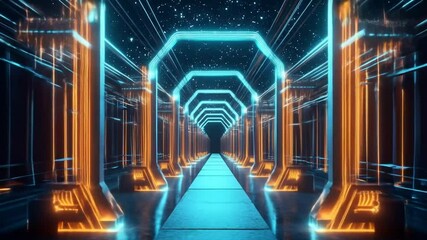 Futuristic tunnel with glowing, hexagonal archways, and vibrant blue and orange lighting, creating an otherworldly passageway - Powered by Adobe