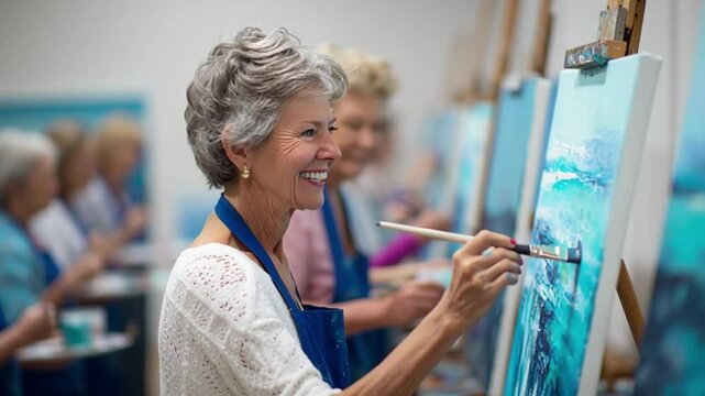 Positive energy, Arts and Entertainment.
 Cheerful Group Painting Class with Smiling Instructor Engaging Students in Artistic Expression and Creativity in a Vibrant Art Studio