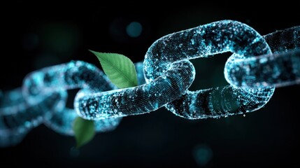 Close-up of a glowing digital blockchain chain with green leaf symbolizing technology and nature integration.