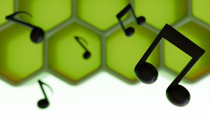 A 3D rendering of the merge of the microscopic world of plant cells with an abstract representation of musical notes, all within a structure reminiscent of a honeycomb.