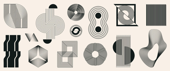 Abstract minimal element mid century vector set. Aesthetic contemporary stripe line art, vintage geometric shape in monochrome. Atomic age Art form design for wall art, decoration, wallpaper.