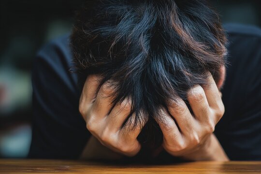 Emotional person with hands covering face in distress expressing sadness or frustration.