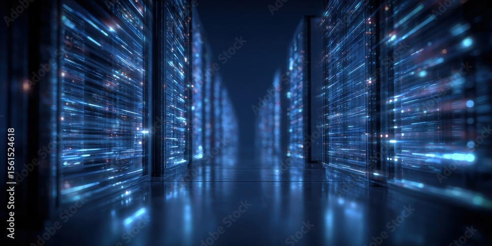 Poster futuristic data center with illuminated server racks and digital glowing infrastructure.