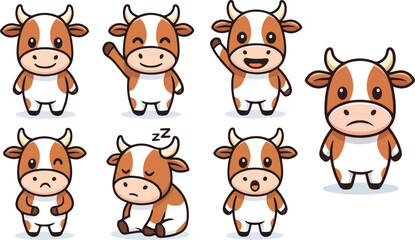 vector illustration of cow cattle neat buffalo bull funny cute cartoon mascot character cartoon with 7 poses 04