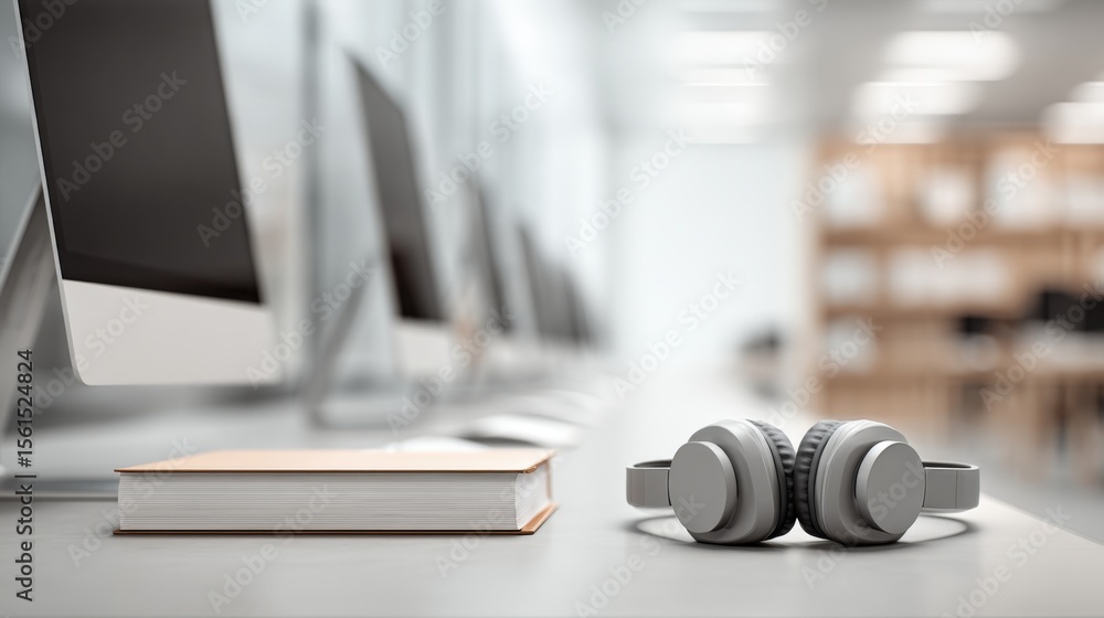 Poster modern workspace with row of desktop computers books and wireless headphones in office environment.