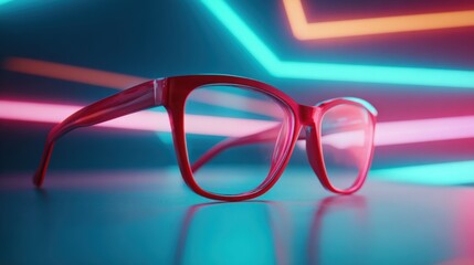 Stylish Red Eyeglasses with Clear Lenses in Front of Colorful Neon Light Background.