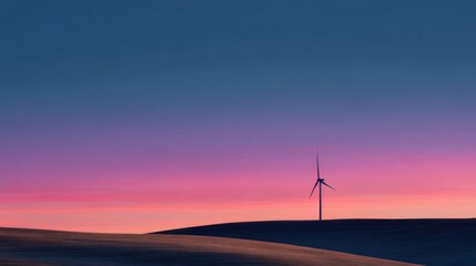 Obraz premium Serene landscape with a solitary wind turbine on rolling hills during vibrant sunset sky.