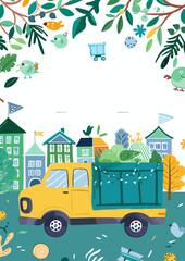 Naklejka premium Colorful illustration of a garbage truck collecting leaves in a park 