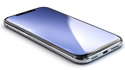 Sleek silver smartphone with reflective blue screen on white background