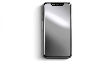 Sleek silver smartphone with notch and reflective screen on white background