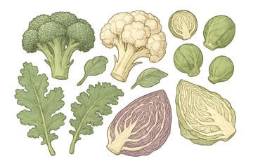 Variety of fresh green and purple brassica vegetables set.