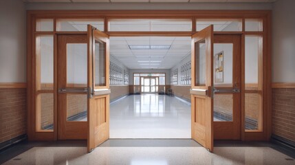 Fototapeta premium Bright empty school hallway with wooden doors and open glass doors leading to classrooms.