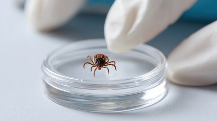 Medical laboratory scene showing a tick on a glass slide with gloves and petri dish in background.