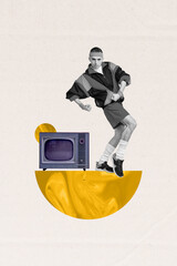 3d sketch image vertical collage of happy hipster guy stand retro television broadcast fake news...