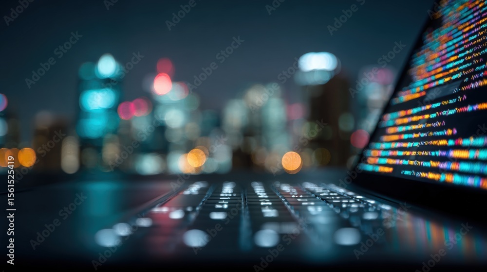 Poster close up of a digital laptop keyboard with colorful code on screen and cityscape background at night