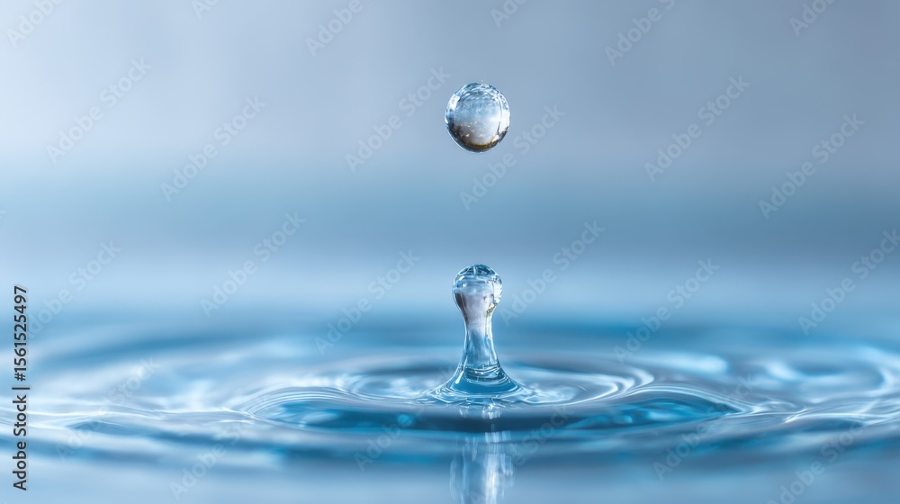 Poster close-up of a water droplet impact creating a splash with ripples on surface.