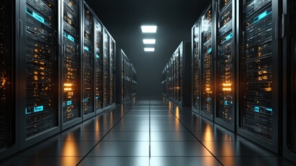 Fototapeta premium Modern data center with server racks illuminated in a high-tech industrial environment.