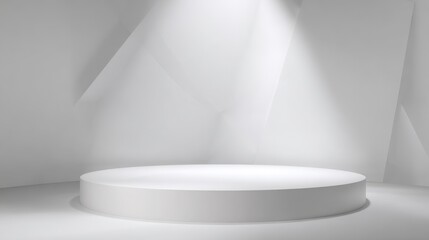 Minimalist White Circular Stage with Soft Spotlights in Empty Modern Interior Space.