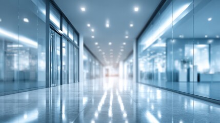 Fototapeta premium Modern spacious glass corridor in office building with sleek design and bright lighting.