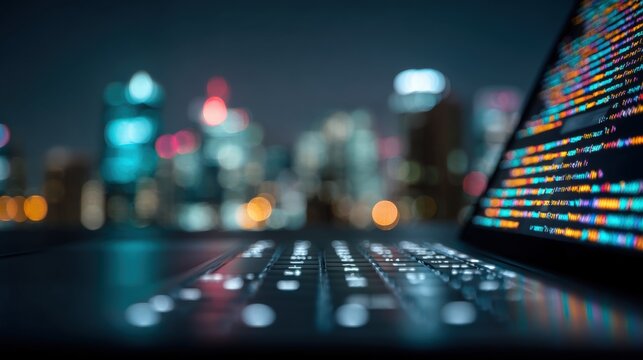 Close Up of a Digital Laptop Keyboard with Colorful Code on Screen and Cityscape Background at Night.