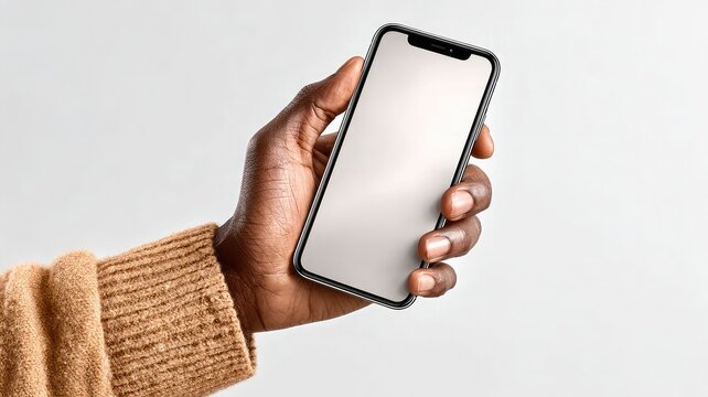 Close up of a dark skinned hand holding a modern smartphone with a blank screen