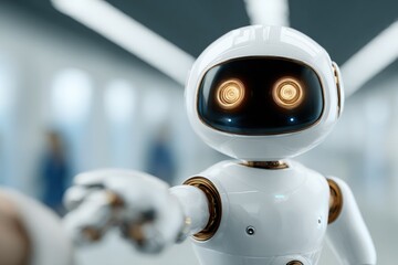 Futuristic white robot with glowing orange eyes extending arm in bright modern environment.