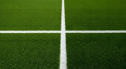 Obraz premium a well-maintained green grass field with a thick white line running horizontally across the center. Thick horizontal white painted line is running across green grass turf in flat vector illustration