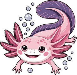 Cute Cartoon Axolotl with Bubbles – Adorable Pink Amphibian Character Illustration