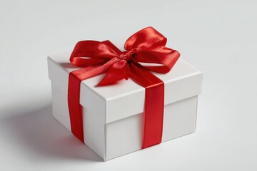 Obraz premium Gift box with red ribbon sitting in center on white