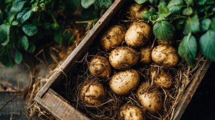 Freshly harvested young potatoes in rustic wooden basket with green leaves.