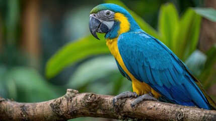 Vibrant Blue and Yellow Macaw Parrot Perched on Tree Branch in Natural Jungle Setting.