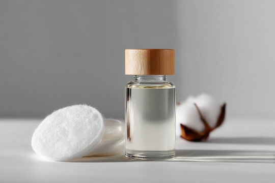 Nail polish remover bottle and cotton pads on white background