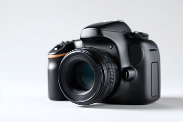 Black DSLR camera body without lens placed on white